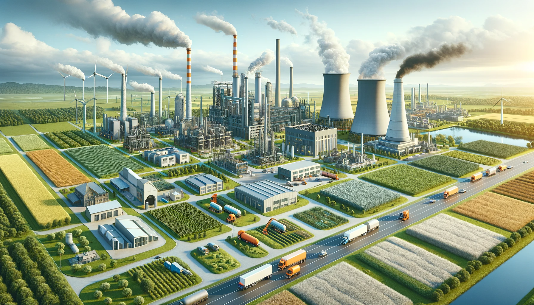 A modern industrial landscape showcasing various businesses like factories, agricultural fields, and commercial buildings, all powered by biomass ener